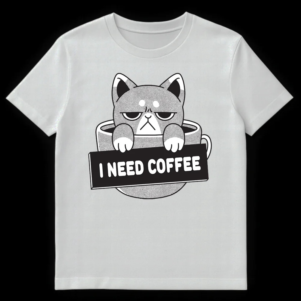 Grumpy cat in coffee cup holding I NEED COFFEE sign, black and white design on White t-shirt