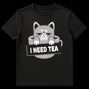 Grumpy black and white cat peeking from a teacup holding an 'I NEED TEA' sign on a black t-shirt on Black t-shirt