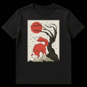 Windswept Fox Spirit T-shirt featuring a vintage folk art illustration of a red fox beneath a bare tree and large red sun, with a distressed texture. on Black t-shirt