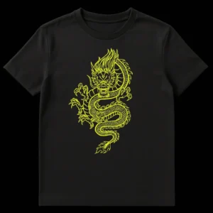 East Asian Dragon T-Shirt, vibrant neon yellow dragon on black, stylized mythical creature art on Black t-shirt