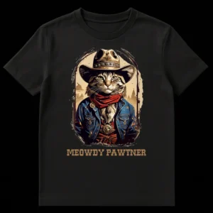 Detailed graphic t-shirt featuring an anthropomorphic tabby cat dressed as a cowboy with hat, bandana, denim jacket, and a sheriff's badge, with the text 'MEOWDY PAWTNER' below the design against a black background. on Black t-shirt