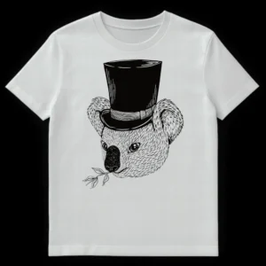 Detailed black and white illustration of a koala wearing a top hat and holding a eucalyptus sprig, on a white background, representing a Dapper Koala T-Shirt design. on White t-shirt