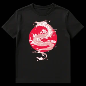 White Eastern Dragon with Sakura and Lotus Flowers on Red Circle against Black Background T-Shirt on Black t-shirt