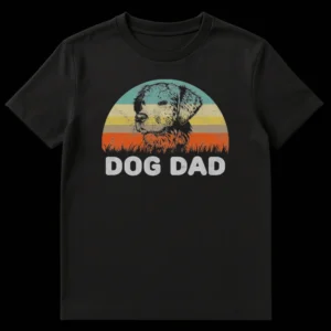 Vintage distressed 'DOG DAD' t-shirt featuring a Golden Retriever illustration against a retro sunset background. on Black t-shirt