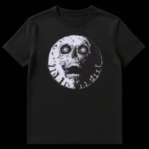 The Legend of Zelda Majora's Mask Skull Moon T-Shirt with screaming skull and skeletal hands graphic in a dark, gothic style. on Black t-shirt