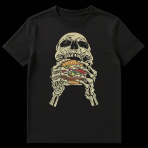 Detailed graphic t-shirt featuring a stylized human skull with skeletal hands enthusiastically eating a classic hamburger against a black background. on Black t-shirt