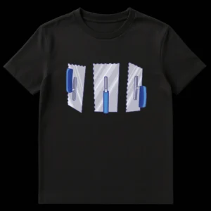 T-shirt design featuring three cartoonish notched trowels forming a visual pun for 'three trials' against a black background. on Black t-shirt