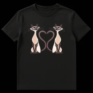 Two Siamese cats forming a heart with their tails on a t-shirt design, cartoonish vector art on Black t-shirt