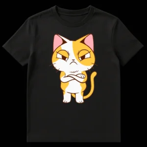 Grumpy ginger cat with crossed arms and a side-eye expression on a black t-shirt, cartoon style on Black t-shirt