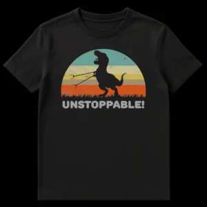 Vintage style T-Rex t-shirt design featuring a black dinosaur silhouette with grabber tools and 'UNSTOPPABLE!' text against a retro striped sunset background. on Black t-shirt