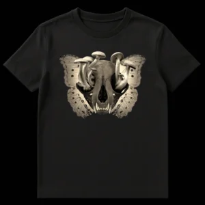 Sepia-toned t-shirt design featuring an animal skull with mushrooms growing from its eye sockets, flanked by large butterfly wings. on Black t-shirt