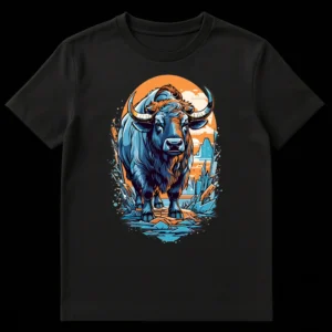 Majestic Ice Fire Bull graphic t-shirt with stylized blue and orange bull standing on crystalline ground against an orange circle background. on Black t-shirt