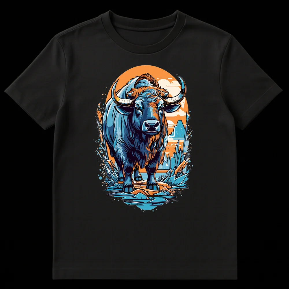 Majestic Ice Fire Bull graphic t-shirt with stylized blue and orange bull standing on crystalline ground against an orange circle background. on Black t-shirt