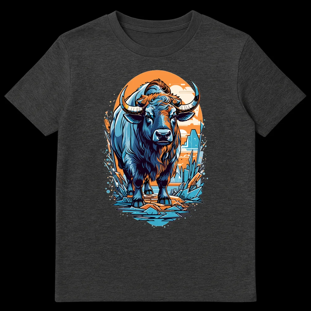 Majestic Ice Fire Bull graphic t-shirt with stylized blue and orange bull standing on crystalline ground against an orange circle background. on Dark Heather t-shirt