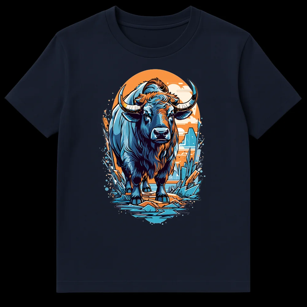 Majestic Ice Fire Bull graphic t-shirt with stylized blue and orange bull standing on crystalline ground against an orange circle background. on Navy Blue t-shirt