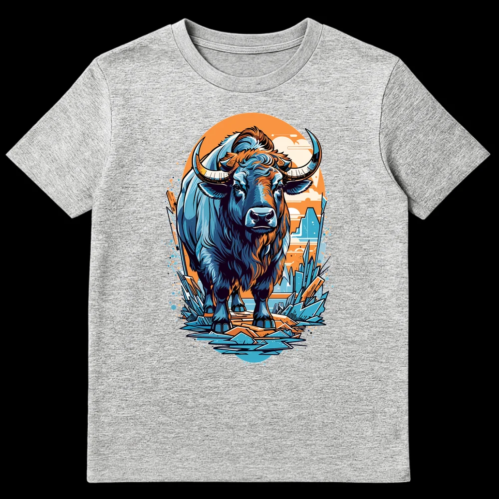 Majestic Ice Fire Bull graphic t-shirt with stylized blue and orange bull standing on crystalline ground against an orange circle background. on Sports Grey t-shirt