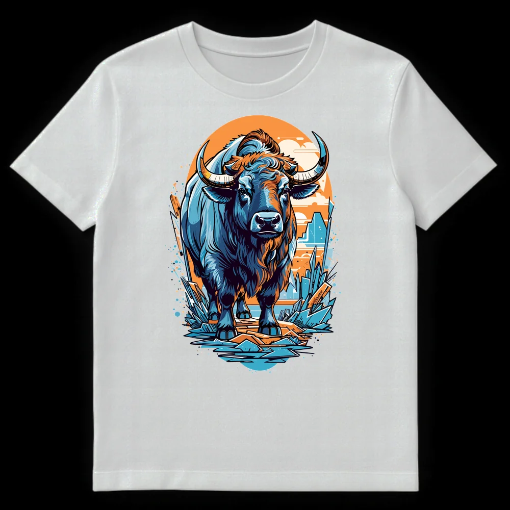 Majestic Ice Fire Bull graphic t-shirt with stylized blue and orange bull standing on crystalline ground against an orange circle background. on White t-shirt