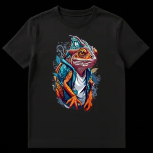Vibrant street art style t-shirt design featuring a cool anthropomorphic chameleon wearing a white t-shirt and blue hoodie, surrounded by abstract colorful swirls and leaves. on Black t-shirt