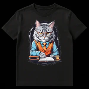 Intellectual tabby cat with glasses, orange vest, and tie, reading books at a desk with a stack of literature in the background, on a dark chalkboard-style background. on Black t-shirt