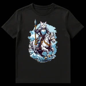 Stylized cartoon illustration of a majestic blue-armored cat knight holding a spear, riding a white warhorse through misty blue clouds on a black t-shirt. on Black t-shirt