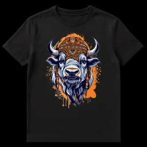Detailed graphic t-shirt design of a bison head wearing an ornate tribal headdress with orange splatters on Black t-shirt