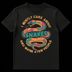 Stylized teal and orange snake t-shirt with text 'I MOSTLY CARE ABOUT SNAKES AND MAYBE A FEW PEOPLE' on Black t-shirt