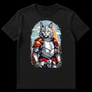 Armored Cat Knight T-Shirt Design with Cityscape Background and Comic Book Style on Black t-shirt
