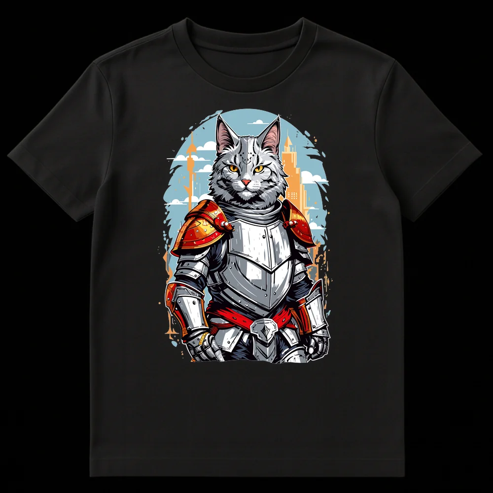 Armored Cat Knight T-Shirt Design with Cityscape Background and Comic Book Style on Black t-shirt