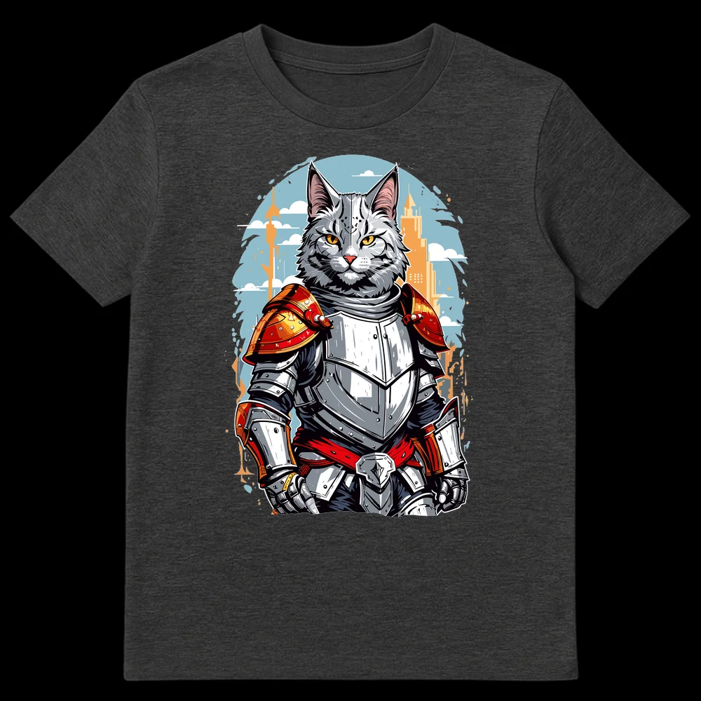 Armored Cat Knight T-Shirt Design with Cityscape Background and Comic Book Style on Dark Heather t-shirt