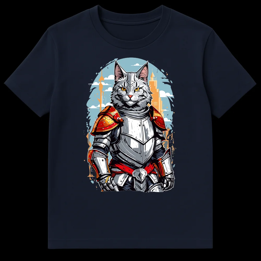 Armored Cat Knight T-Shirt Design with Cityscape Background and Comic Book Style on Navy Blue t-shirt