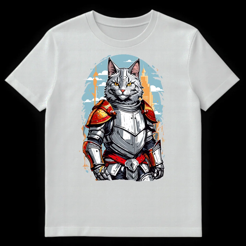 Armored Cat Knight T-Shirt Design with Cityscape Background and Comic Book Style on White t-shirt