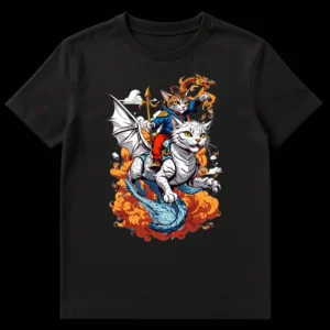 Cat warrior riding a winged dragon, with a celestial dragon, in a vibrant Ukiyo-e and anime fantasy style, on a black t-shirt. on Black t-shirt