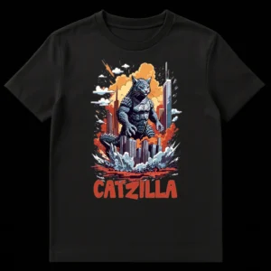 Catzilla T-Shirt featuring a large, armored cat monster destroying a city with explosions and a bold 'CATZILLA' text on Black t-shirt