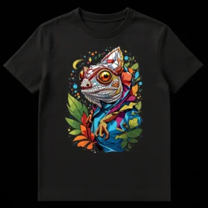 Vibrant geometric chameleon t-shirt design with colorful scales and tropical foliage on a black background, showcasing blue, orange, green, and purple hues. on Black t-shirt