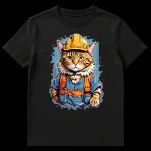 Detailed cartoon illustration of an orange tabby cat wearing a yellow hard hat, blue work shirt, and orange safety vest, looking serious against a dark background with blue splatters. on Black t-shirt