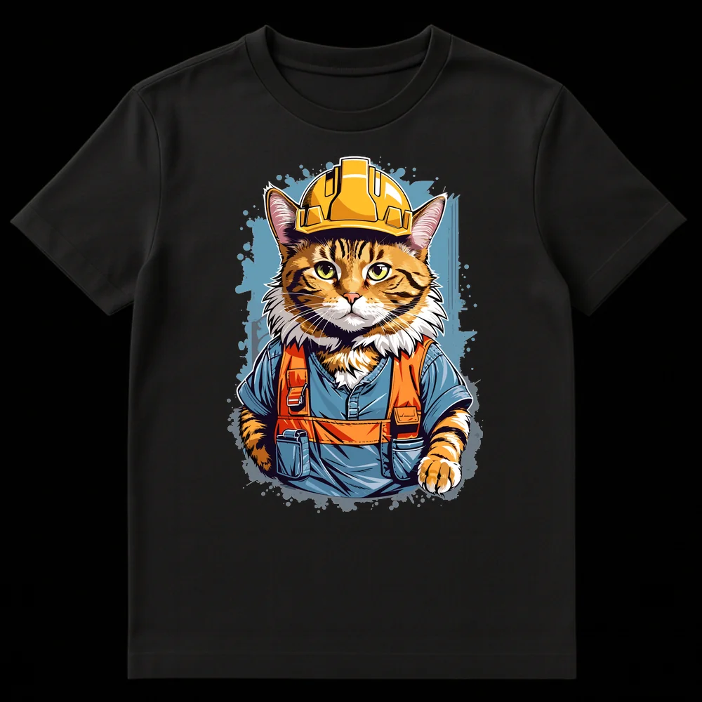 Detailed cartoon illustration of an orange tabby cat wearing a yellow hard hat, blue work shirt, and orange safety vest, looking serious against a dark background with blue splatters. on Black t-shirt