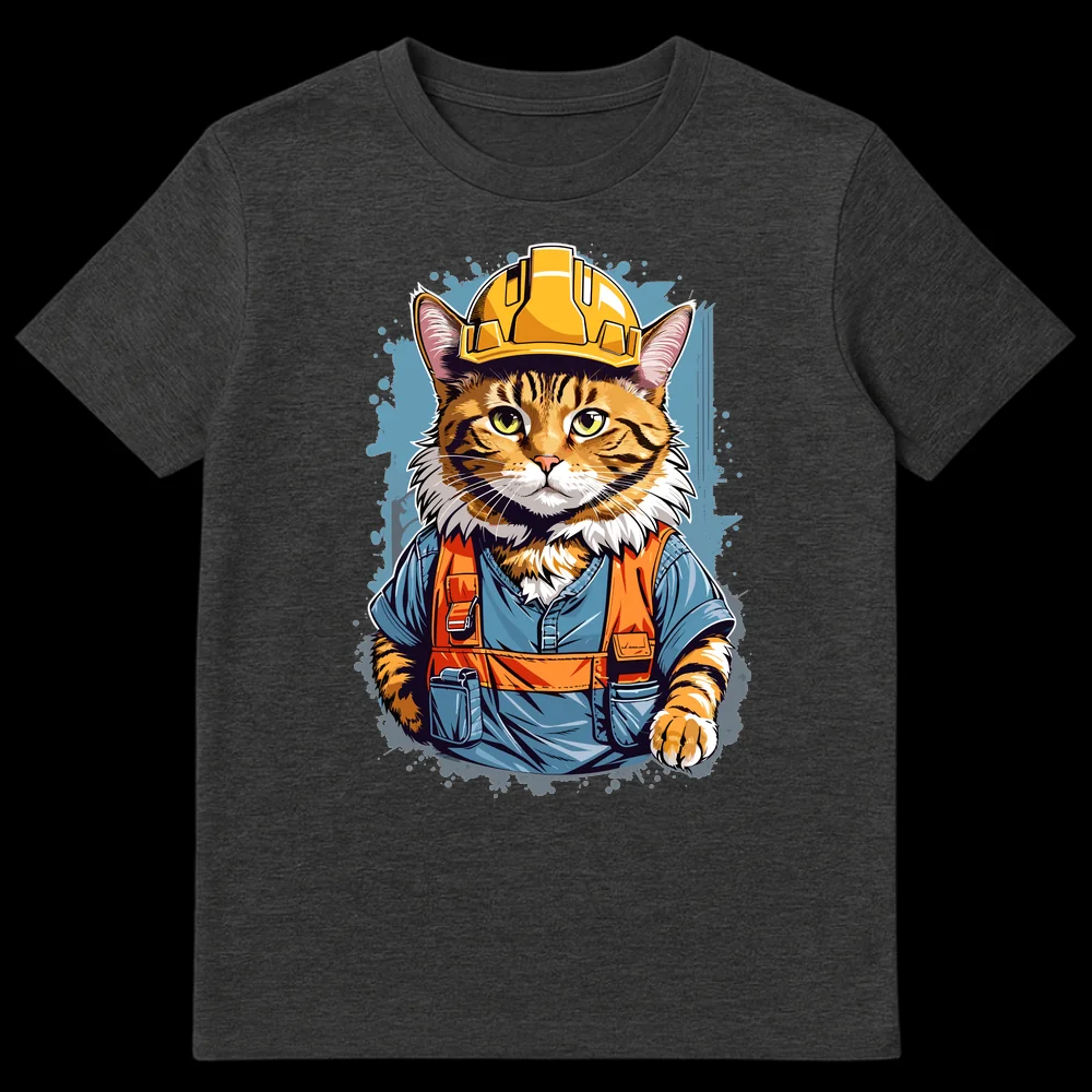 Detailed cartoon illustration of an orange tabby cat wearing a yellow hard hat, blue work shirt, and orange safety vest, looking serious against a dark background with blue splatters. on Dark Heather t-shirt