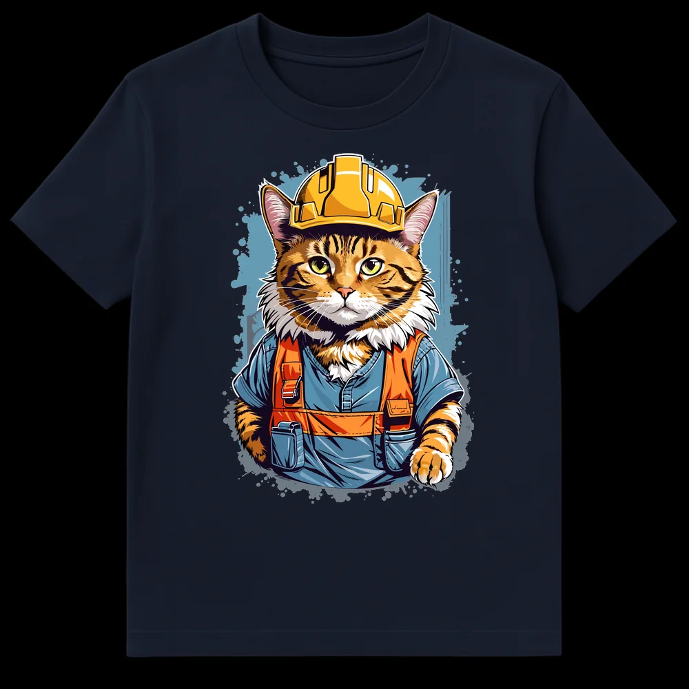 Detailed cartoon illustration of an orange tabby cat wearing a yellow hard hat, blue work shirt, and orange safety vest, looking serious against a dark background with blue splatters. on Navy Blue t-shirt