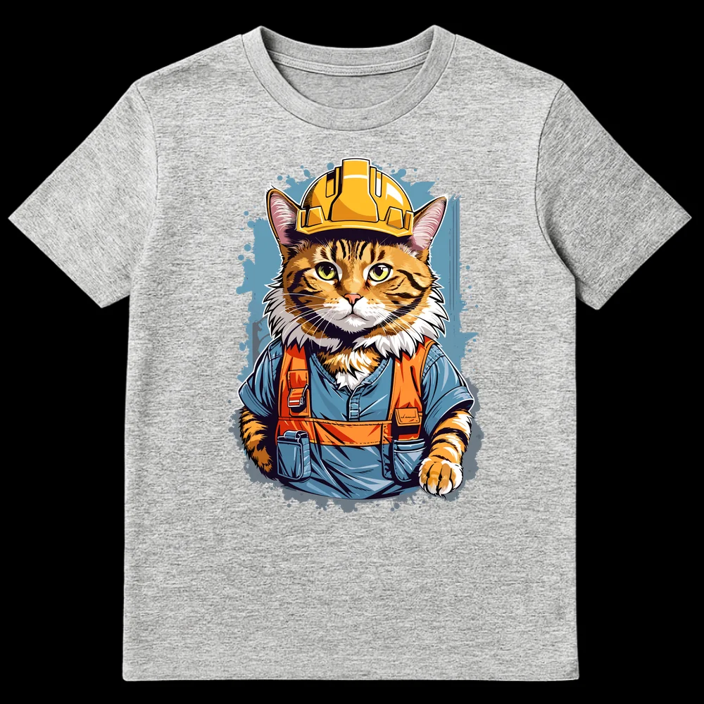 Detailed cartoon illustration of an orange tabby cat wearing a yellow hard hat, blue work shirt, and orange safety vest, looking serious against a dark background with blue splatters. on Sports Grey t-shirt