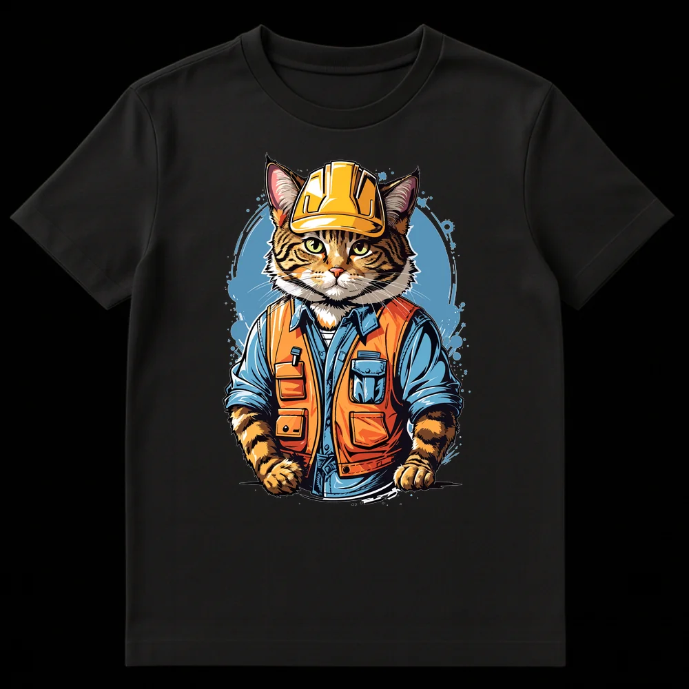 Anthropomorphic tabby cat construction worker in hard hat and utility vest on a t-shirt on Black t-shirt
