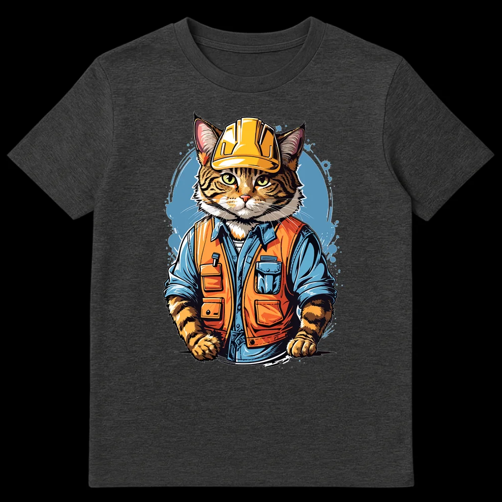 Anthropomorphic tabby cat construction worker in hard hat and utility vest on a t-shirt on Dark Heather t-shirt