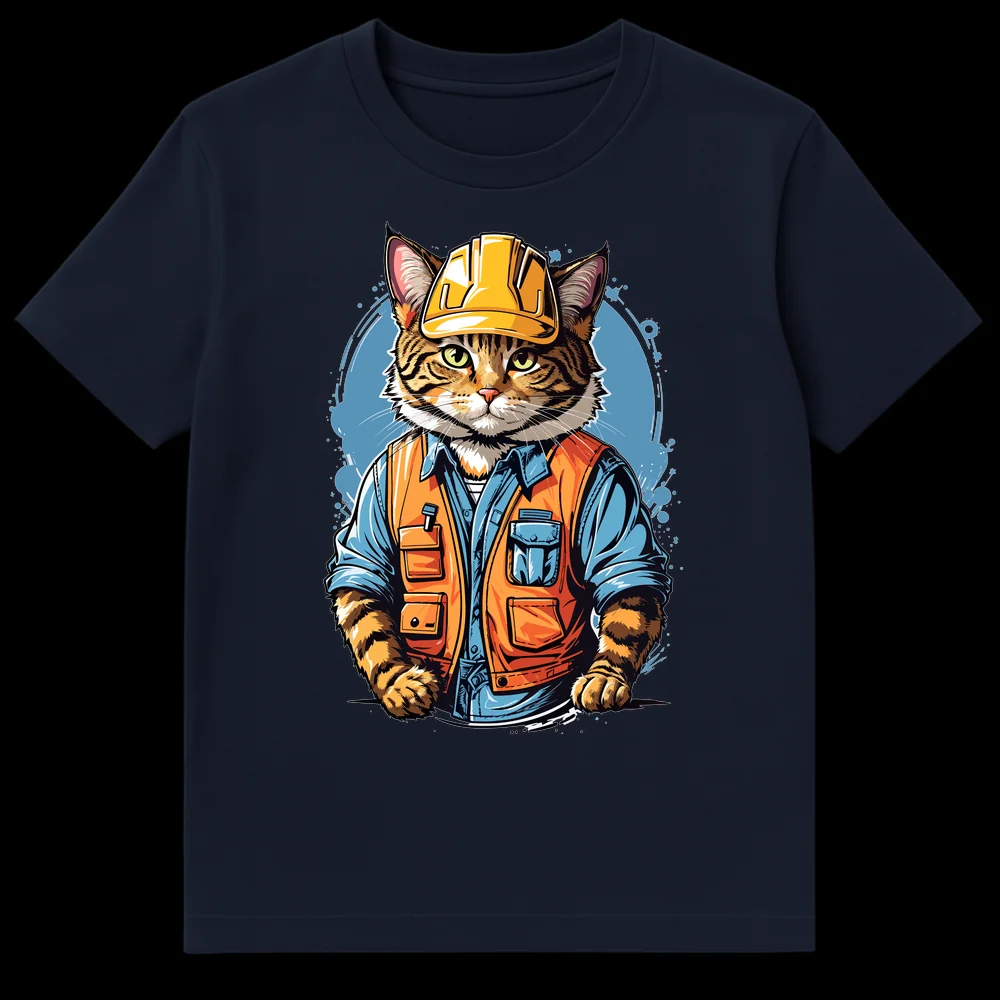 Anthropomorphic tabby cat construction worker in hard hat and utility vest on a t-shirt on Navy Blue t-shirt