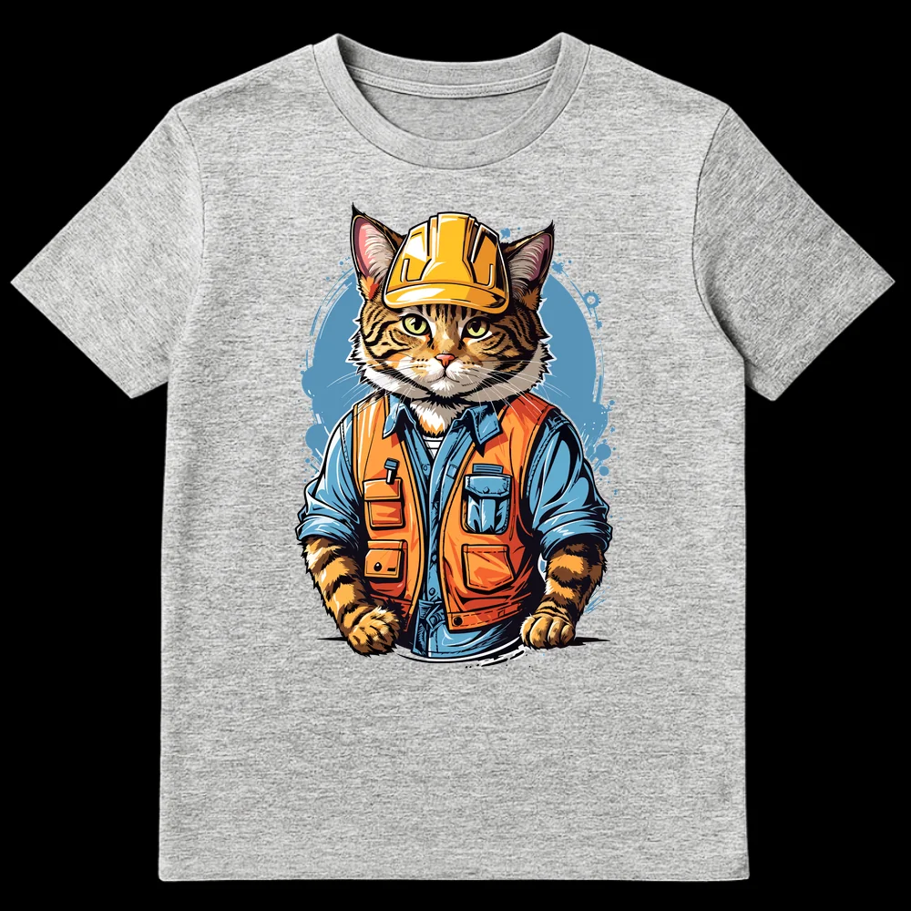 Anthropomorphic tabby cat construction worker in hard hat and utility vest on a t-shirt on Sports Grey t-shirt