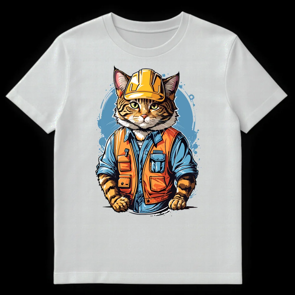 Anthropomorphic tabby cat construction worker in hard hat and utility vest on a t-shirt on White t-shirt