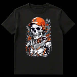 Skeleton Baseball Catcher T-Shirt with Orange Roses and HB Monogram on Black t-shirt