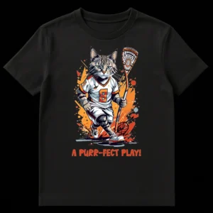 T-shirt with an anthropomorphic cat in a lacrosse uniform with the text 'A PURR-FECT PLAY!' on a black background. on Black t-shirt