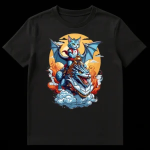 Blue cat hero riding a large draconic feline beast amidst flames on a black t-shirt. Fantasy anime style art. on Black t-shirt