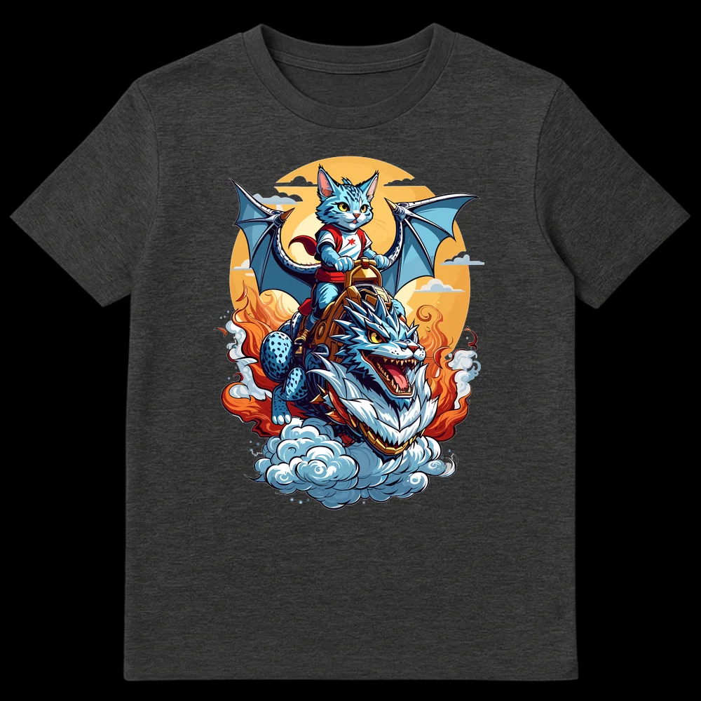 Blue cat hero riding a large draconic feline beast amidst flames on a black t-shirt. Fantasy anime style art. on Dark Heather t-shirt