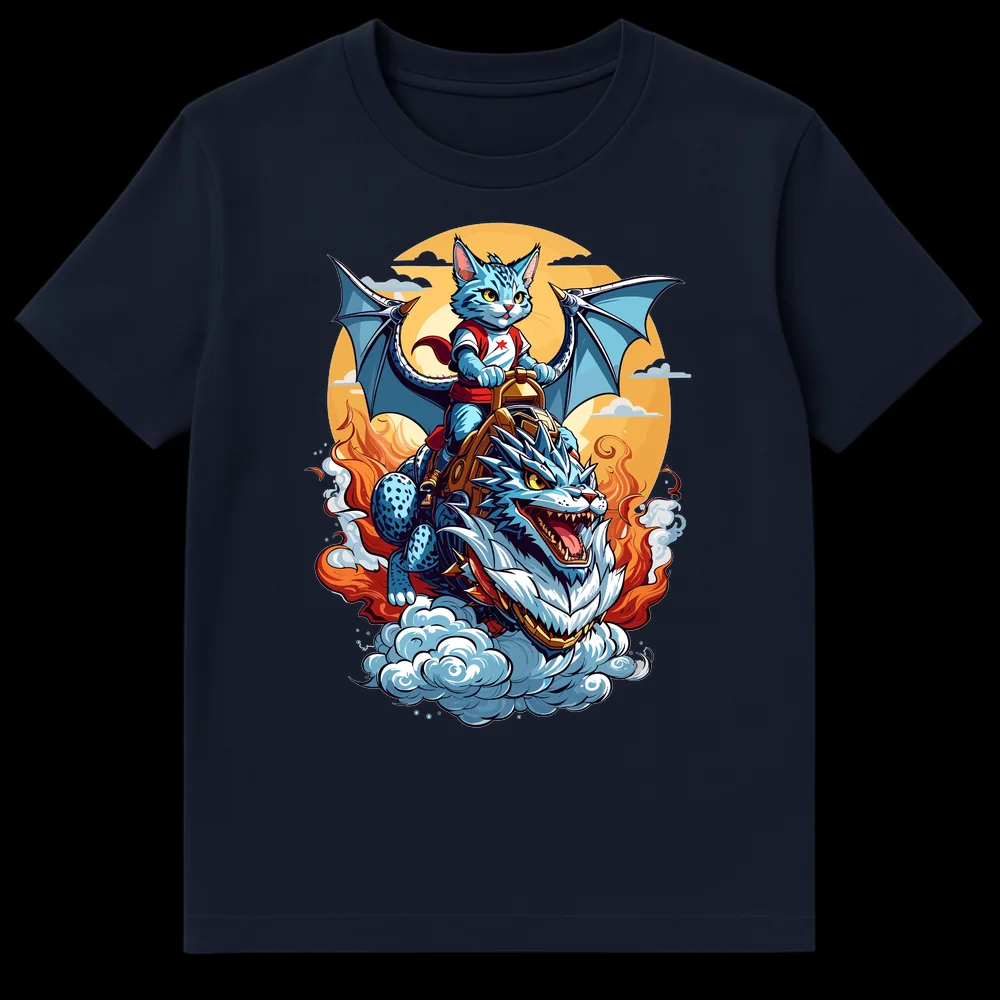 Blue cat hero riding a large draconic feline beast amidst flames on a black t-shirt. Fantasy anime style art. on Navy Blue t-shirt