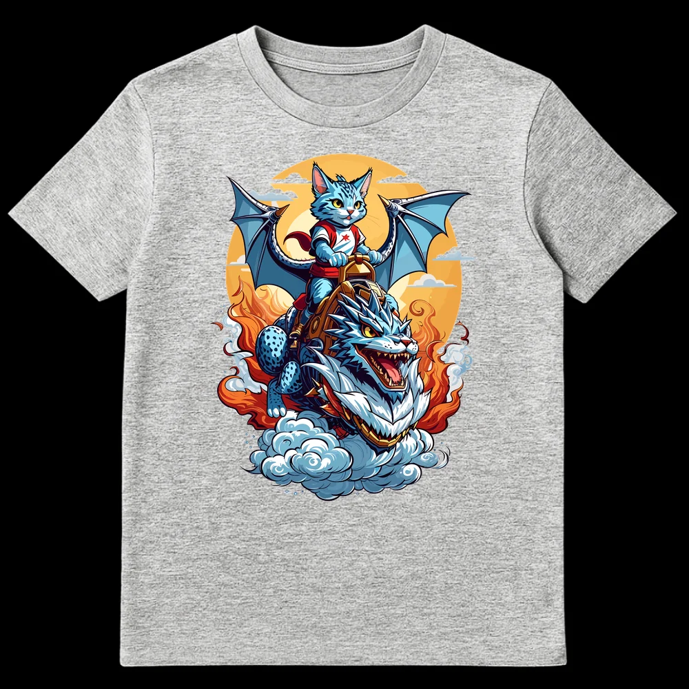Blue cat hero riding a large draconic feline beast amidst flames on a black t-shirt. Fantasy anime style art. on Sports Grey t-shirt